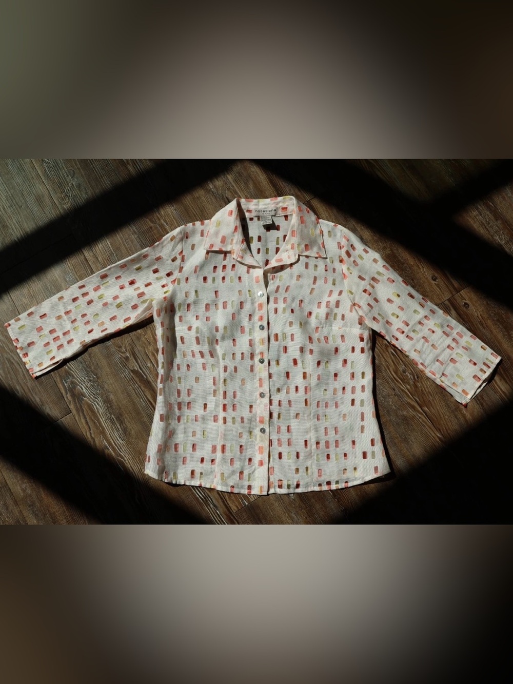 Artsy Geometric Sheer Button Up Blouse Top Linen Blend Petite Womens PS